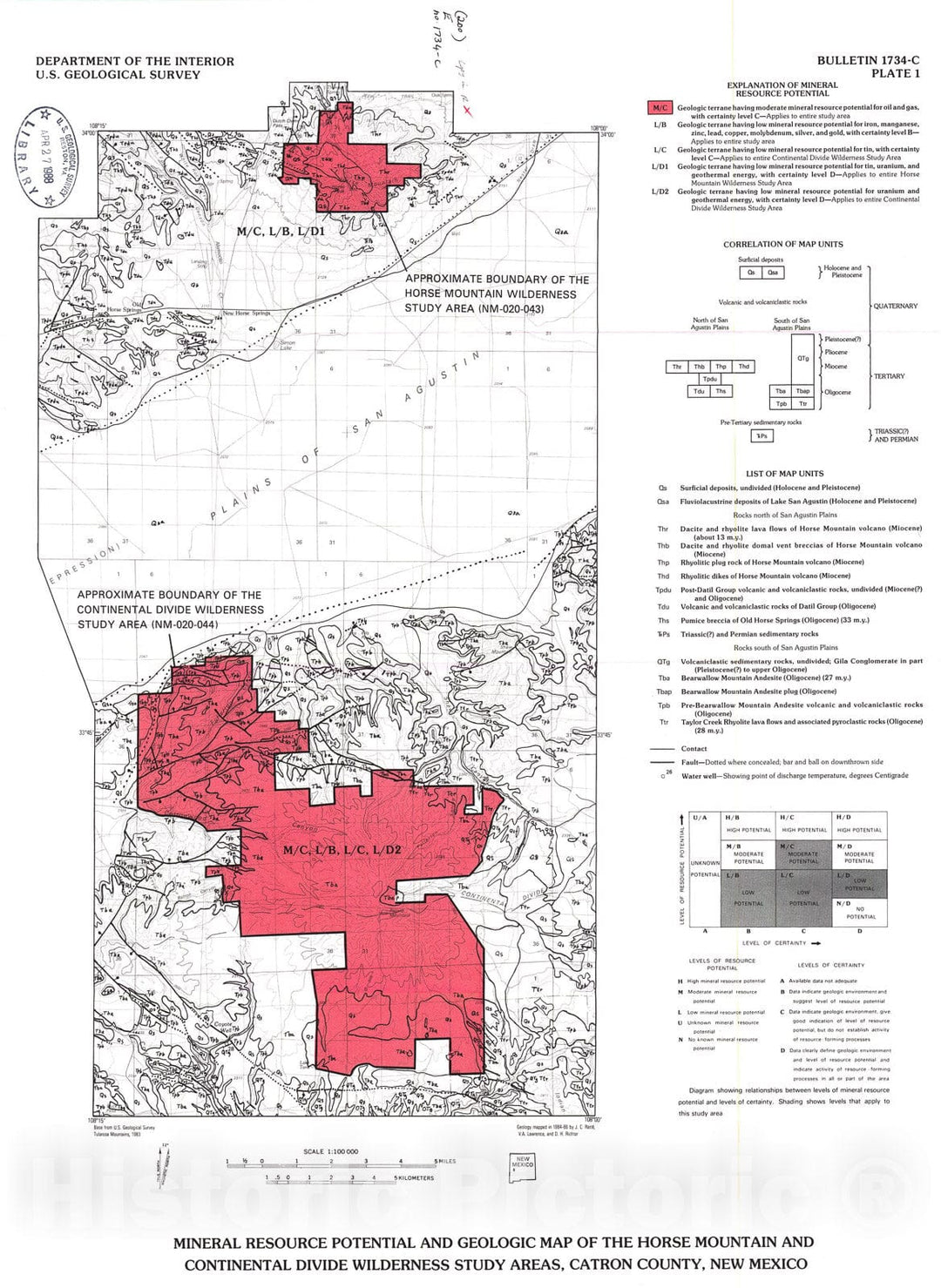 Map : Mineral resources of the Horse Mountain and Continental Divide Wilderness Study areas, Catron County, New Mexico, 1988 Cartography Wall Art :