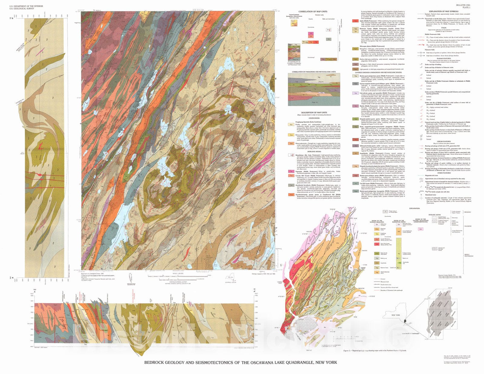 Map : Bedrock geology and seismotectonics of the Oscawana Lake quadrangle, New York, 1992 Cartography Wall Art :