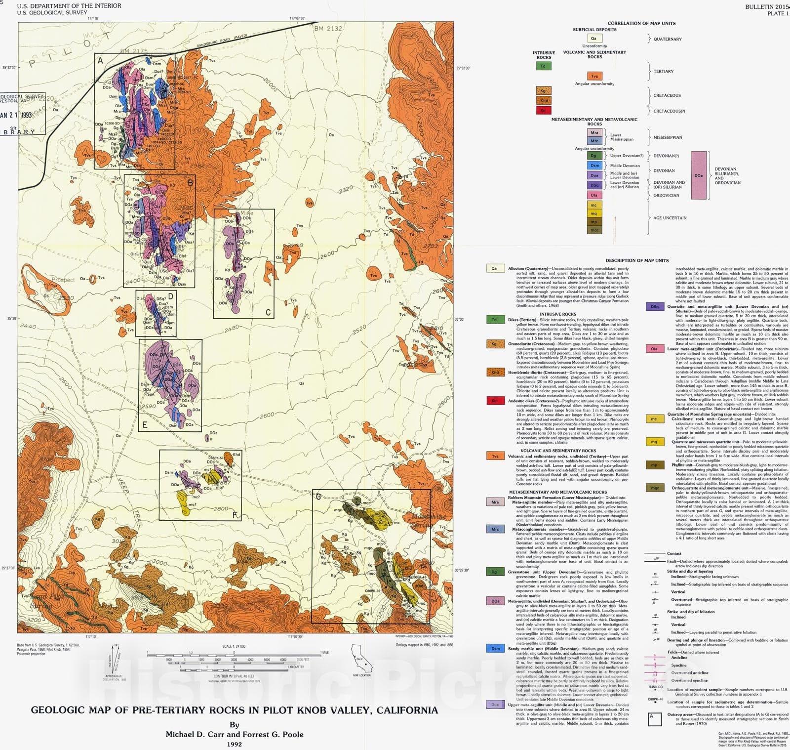 Map : Stratigraphy and structure of Paleozoic outer continental-margin rocks in Pilot Knob Valley, north-central Mojave Desert, California, 1992 Cartography Wall Art :