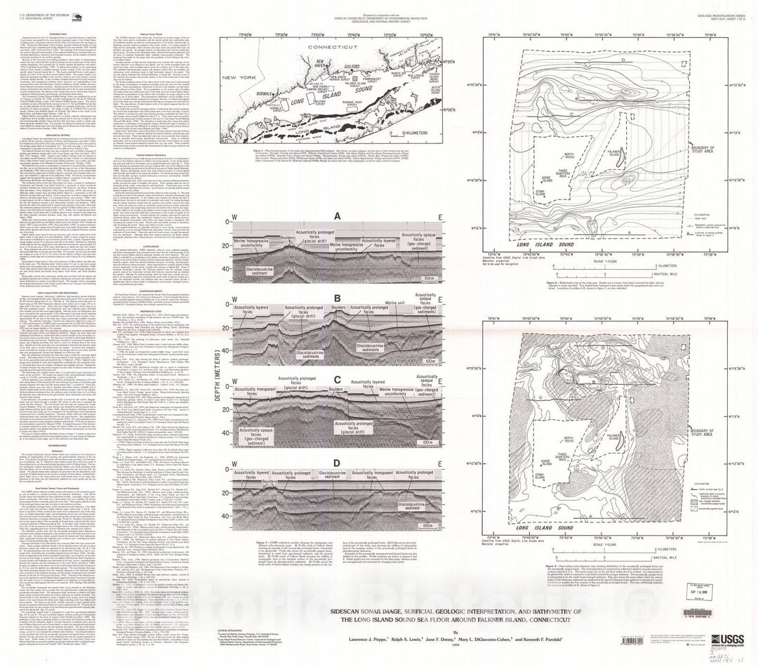 Map : Sidescan sonar image, surficial geologic interpretation, and bathymetry of the Long Island Sound sea floor around Falkner Island, Connecticut, 1999 Cartography Wall Art :