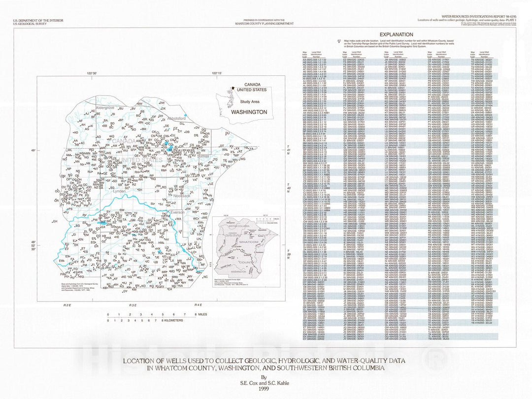 Map : Hydrogeology, ground-water quality, and sources of nitrate in lowland glacial aquifers of Whatcom County, Washington, and British Columbia, Canada, 1999 Cartography Wall Art :