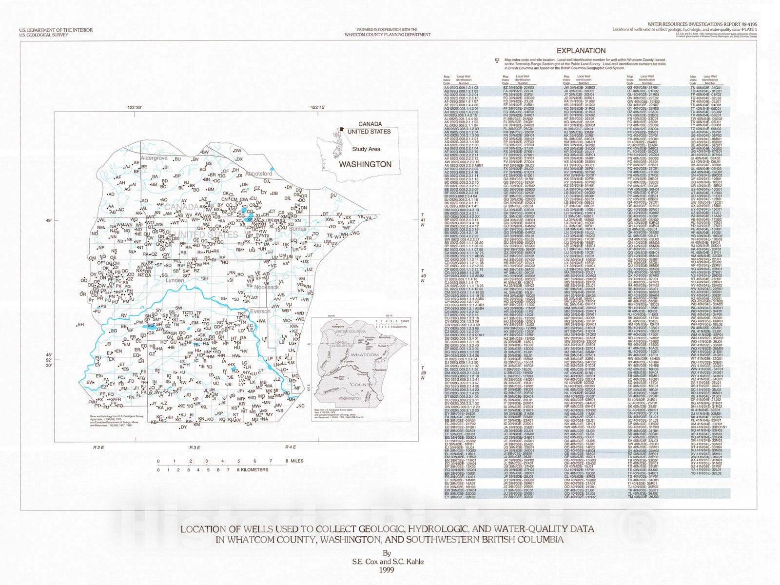 Map : Hydrogeology, ground-water quality, and sources of nitrate in lowland glacial aquifers of Whatcom County, Washington, and British Columbia, Canada, 1999 Cartography Wall Art :