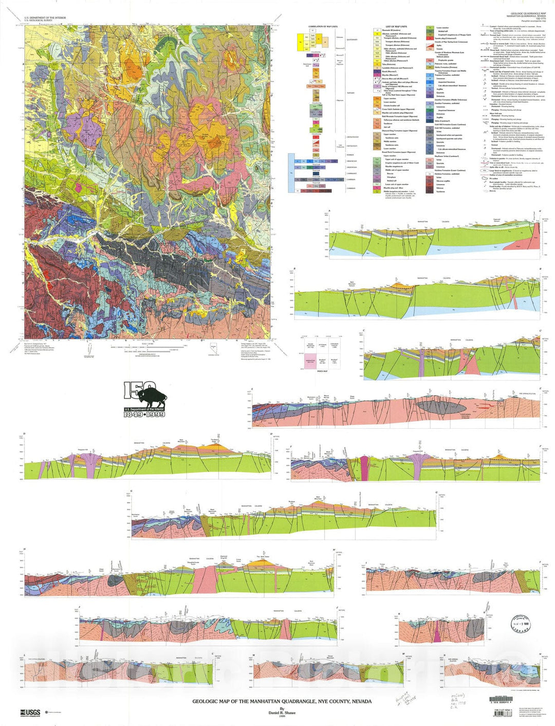 Map : Geologic map of the Manhattan quadrangle, Nye County, Nevada, 1999 Cartography Wall Art :