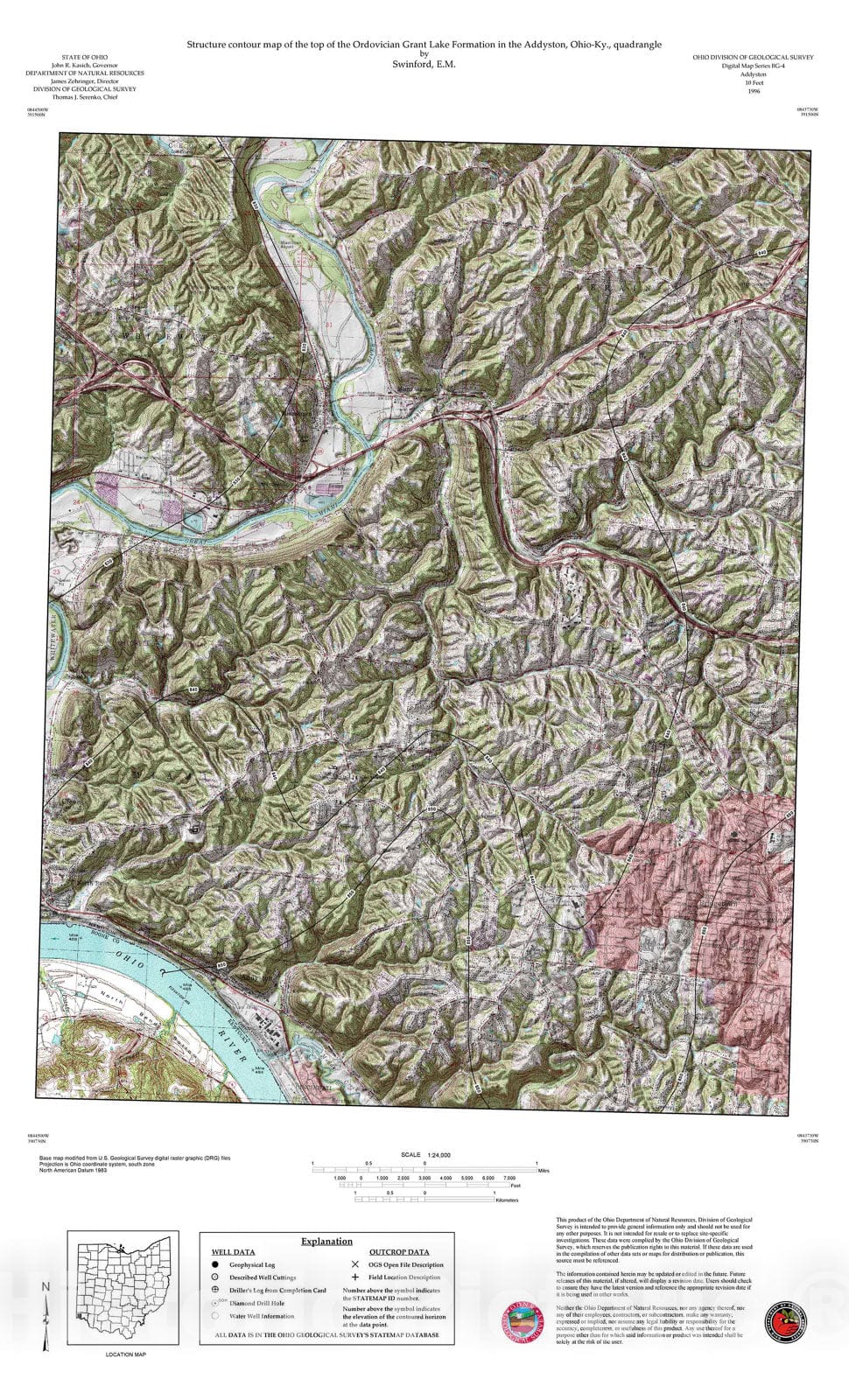 Map : Structure contour map of the top of the Ordovician Grant Lake Formation of the Addyston, Ohio-Ky., quadrangle, 1996 Cartography Wall Art :