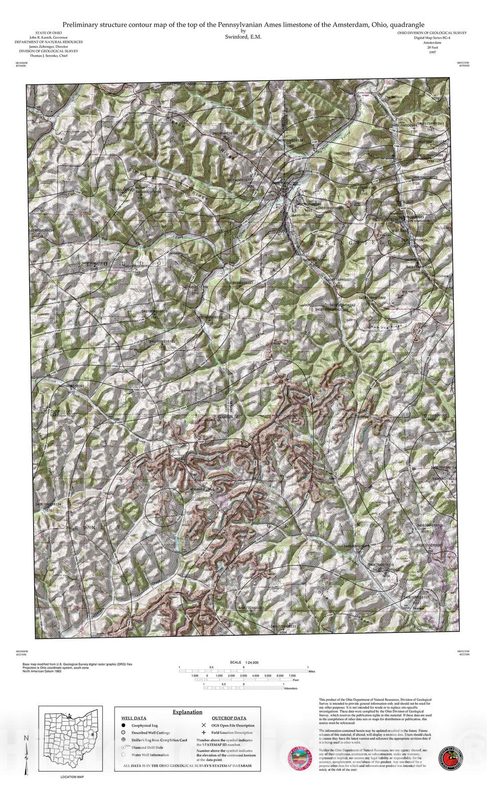 Map : Preliminary structure contour map of the top of the Pennsylvanian Conemaugh Ames limestone of the Amsterdam, Ohio, quadrangle, 1997 Cartography Wall Art :