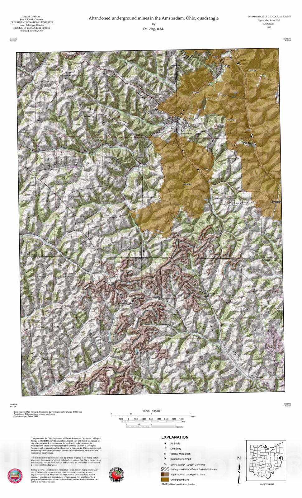 Map : Abandoned underground mines in the Amsterdam, Ohio, quadrangle, 1983 Cartography Wall Art :