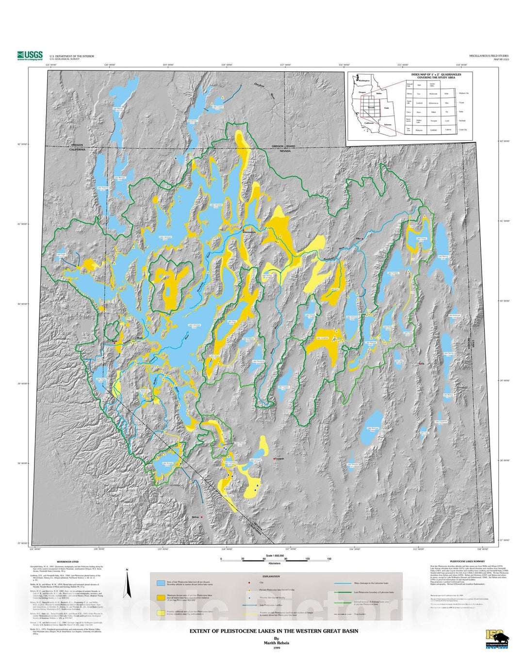 Map : Extent of Pleistocene lakes in the western Great Basin, 1999 Cartography Wall Art :