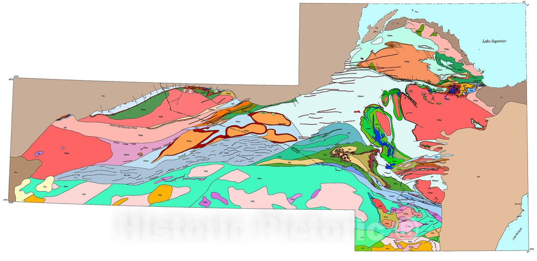 Map : Preliminary digital geologic map of the Penokean (Early Proterozoic) continental margin in northern Michigan and Wisconsin, 1999 Cartography Wall Art :