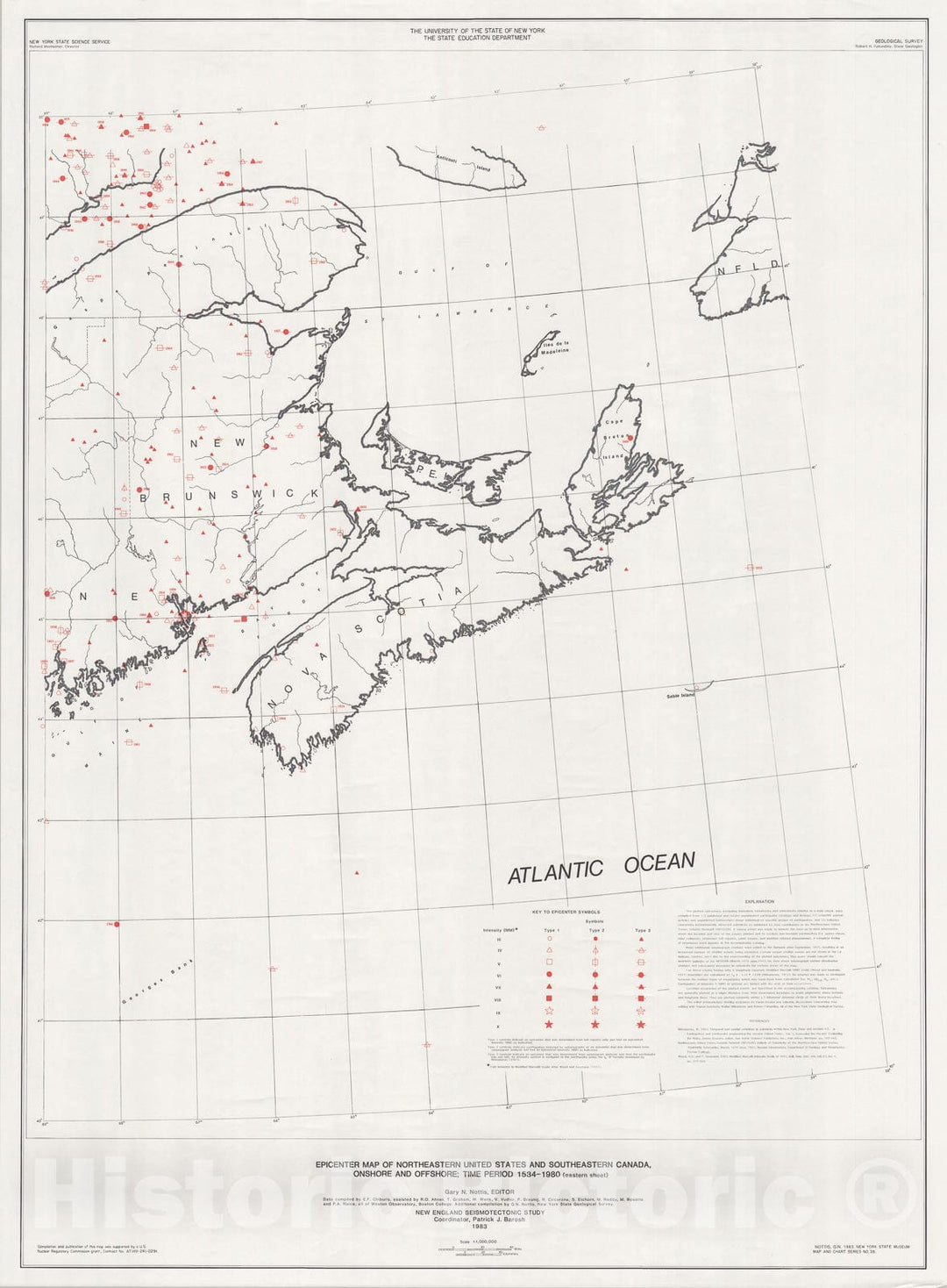 Map : Epicenter Map of Northeastern United States and Southeastern Canada, Onshore and Offshore; Time Period 1534 - 1980 (western sheet), 1983 Cartography Wall Art :