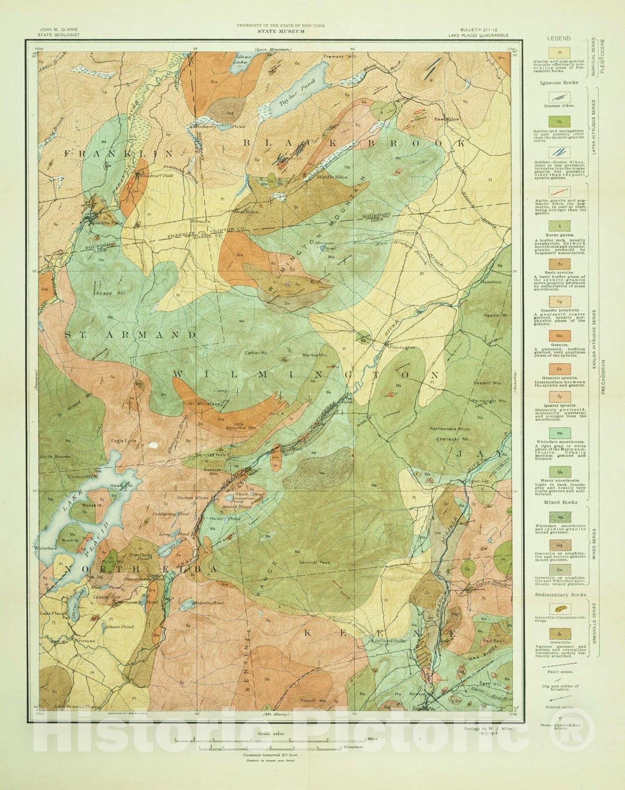 Map : Geology of the Lake Placid Quadrangle; with a chapter on the Pleistocene geology by Harold L. Alling, 1918 Cartography Wall Art :