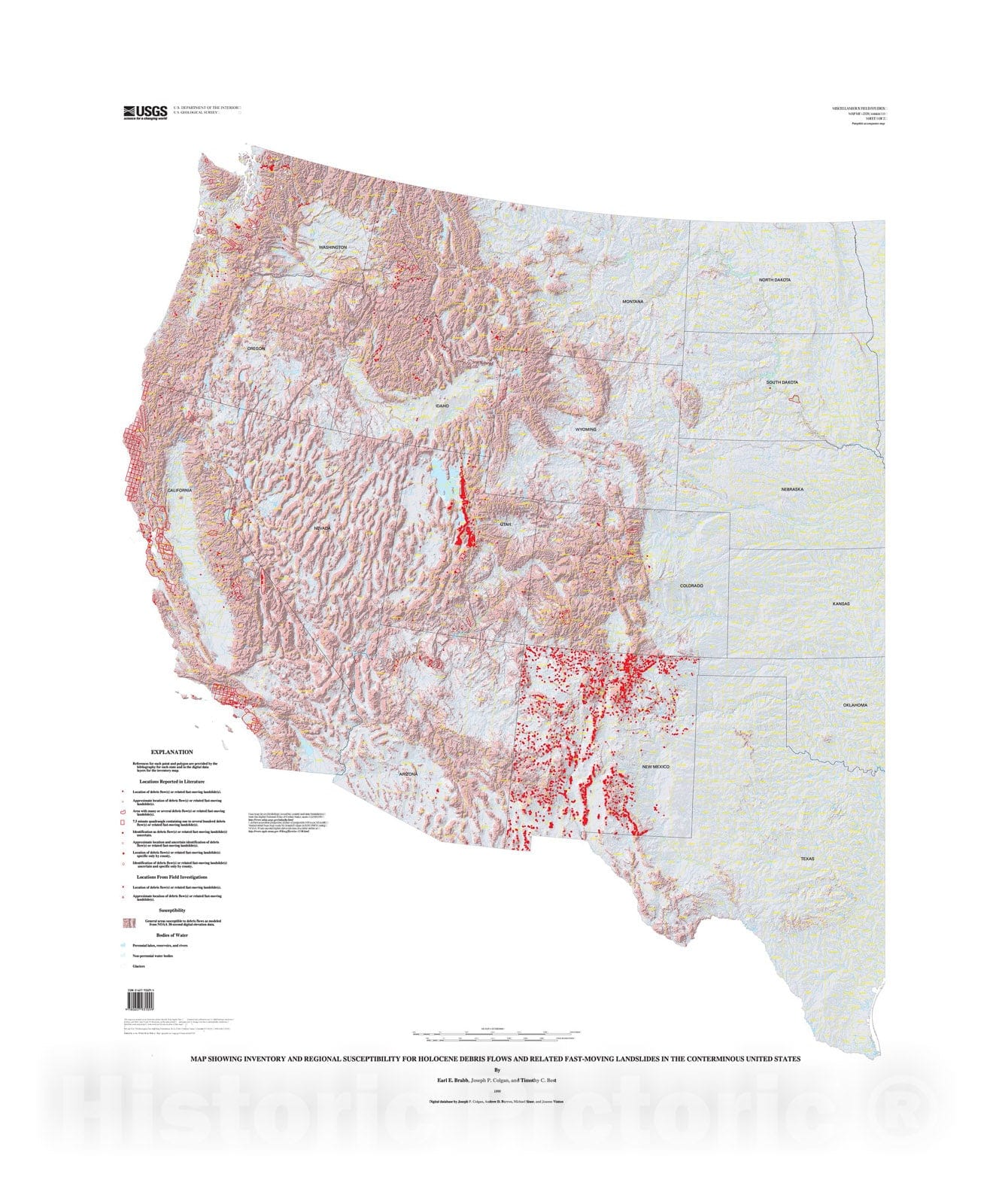 Map : Map showing inventory and regional susceptibility for Holocene debris flows, and related fast-moving landslides in the conterminous United States, 1999 Cartography Wall Art :