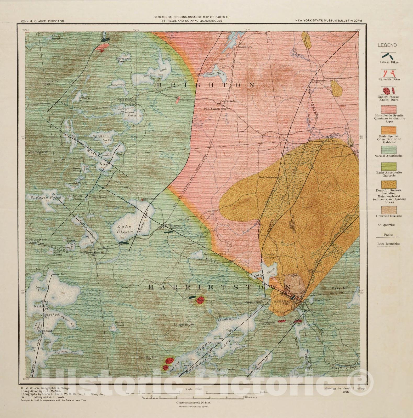 Map : Geology of the Lake Clear region: parts of St. Regis and Saranac quadrangles, 1918 Cartography Wall Art :