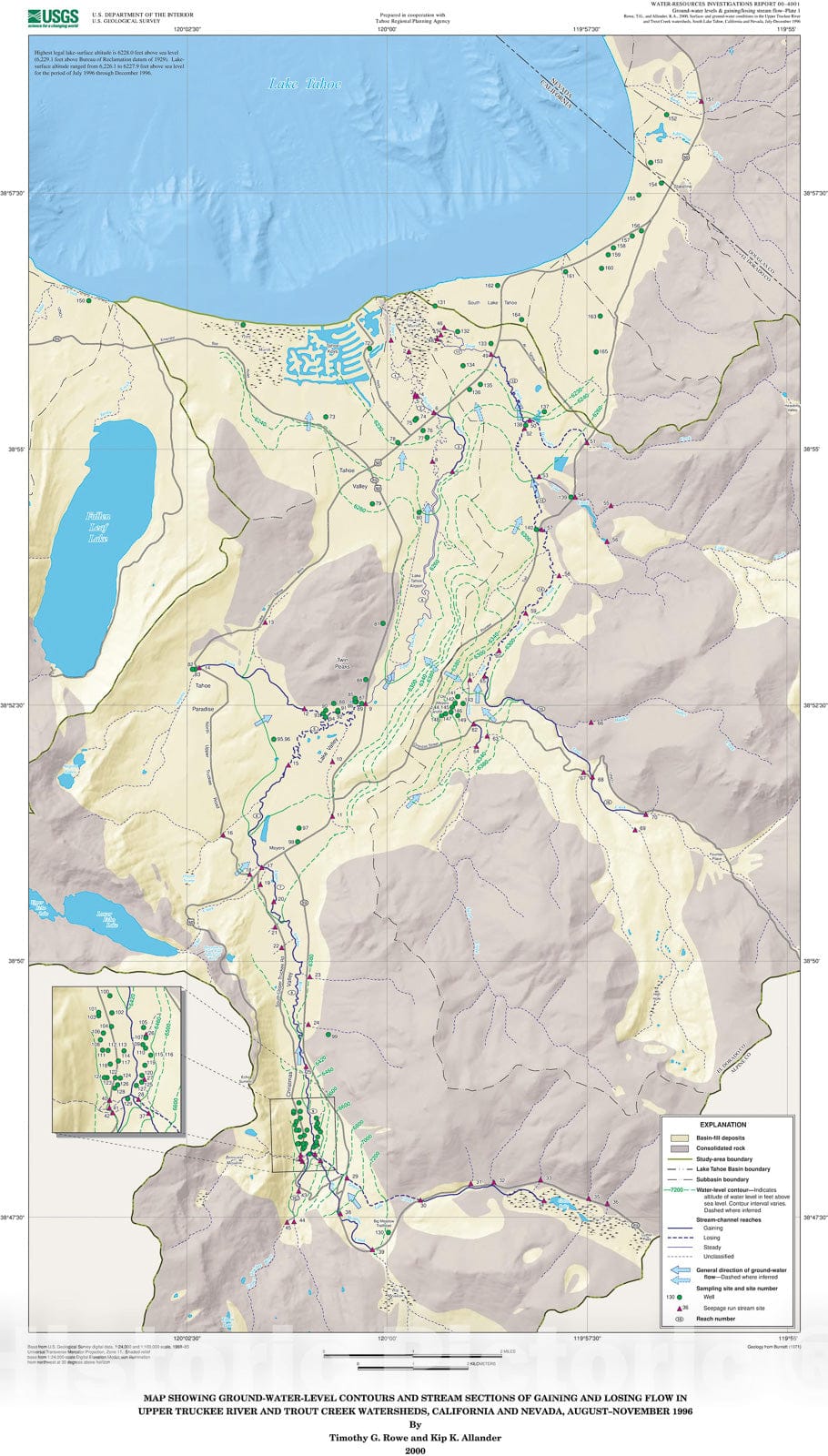 Map : Surface- and ground-water characteristics in the upper Truckee River and Trout Creek watersheds, South Lake Tahoe, California and, 2000 Cartography Wall Art :