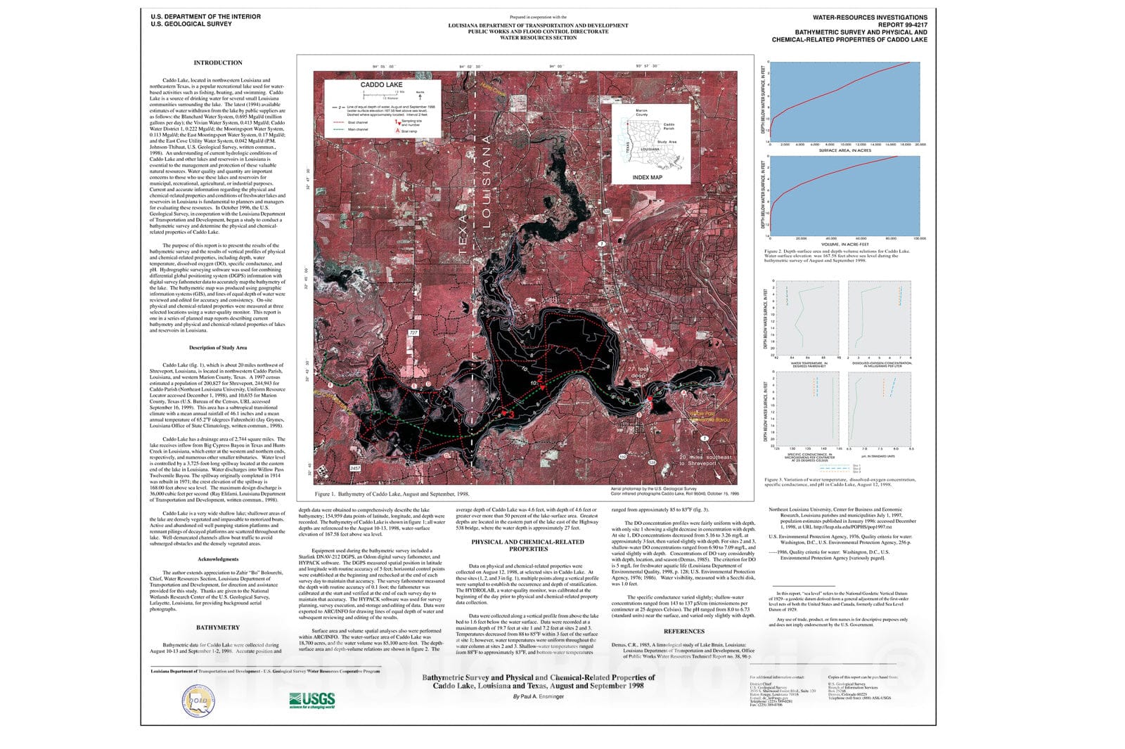 Map : Bathymetric survey and physical and chemical-related properties of Caddo Lake, Louisiana and Texas, August and September 1998, 1999 Cartography Wall Art :