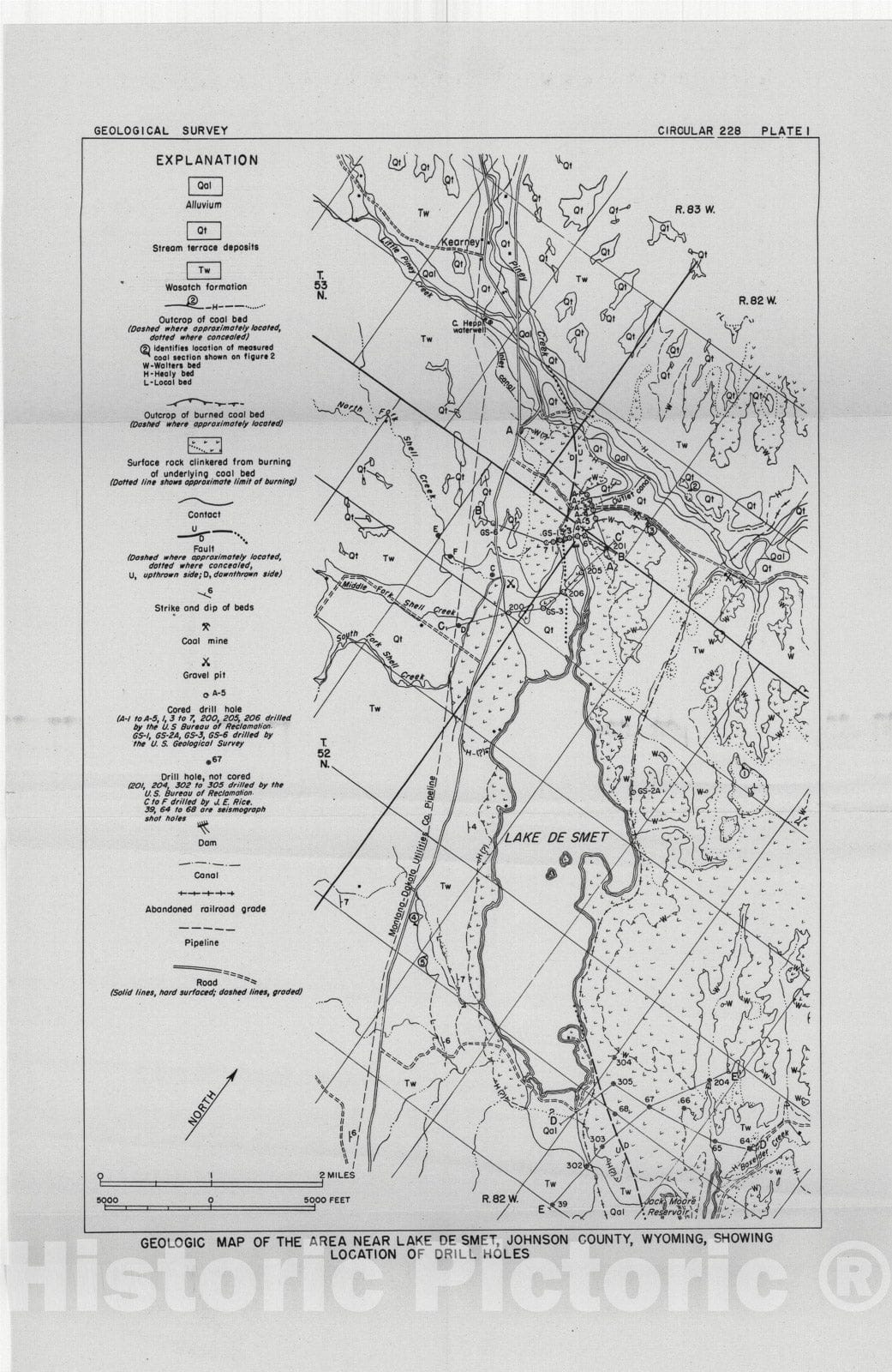 Map : A thick coal bed near Lake De Smet, Johnson County, Wyoming, 1953 Cartography Wall Art :