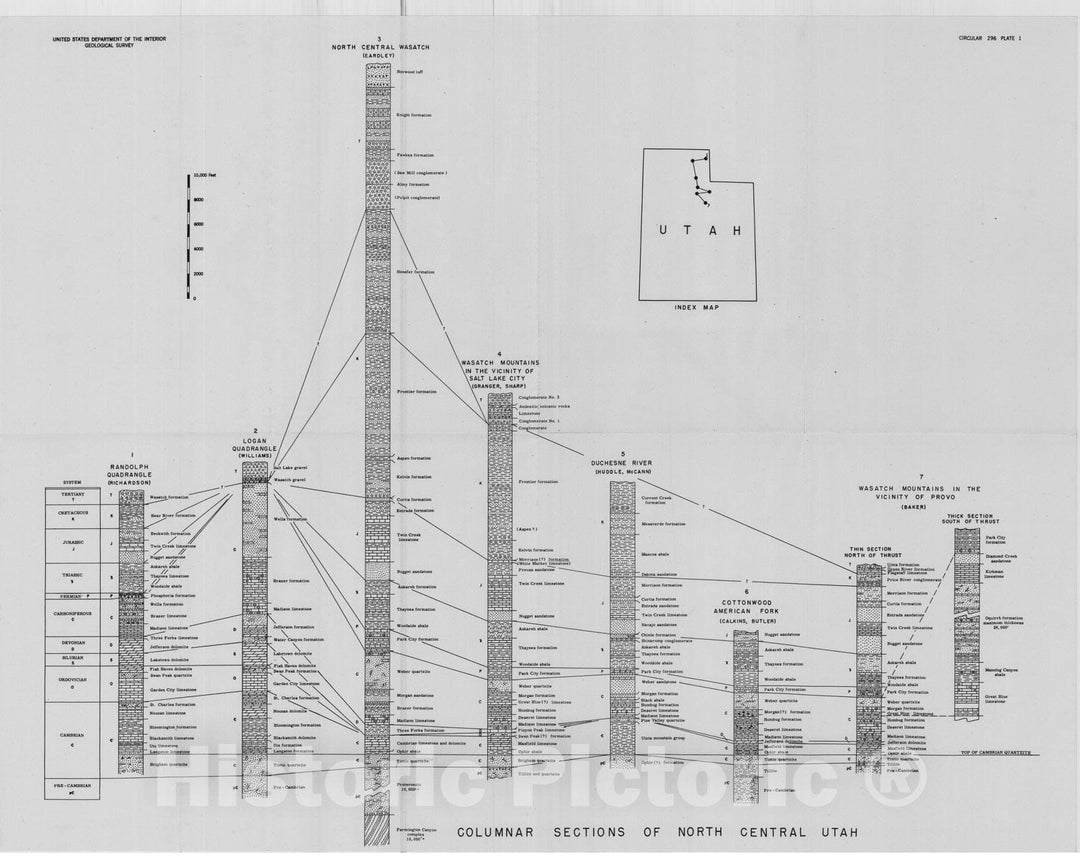 Map : Stratigraphy of the Wasatch Range near Salt Lake City, Utah, 1953 Cartography Wall Art :