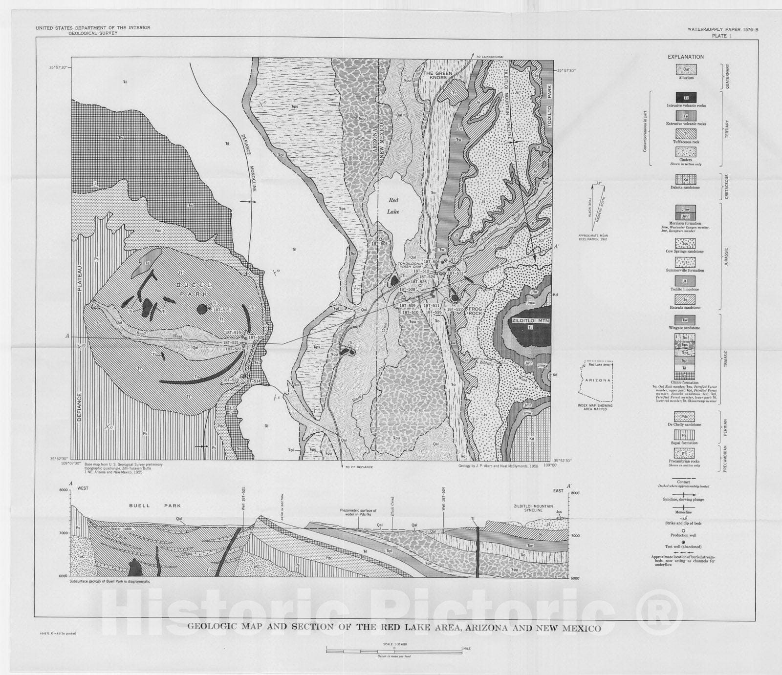 Map : Geology and ground water of the Red Lake area, Navajo Indian Reservation, Arizona and New Mexico, 1962 Cartography Wall Art :