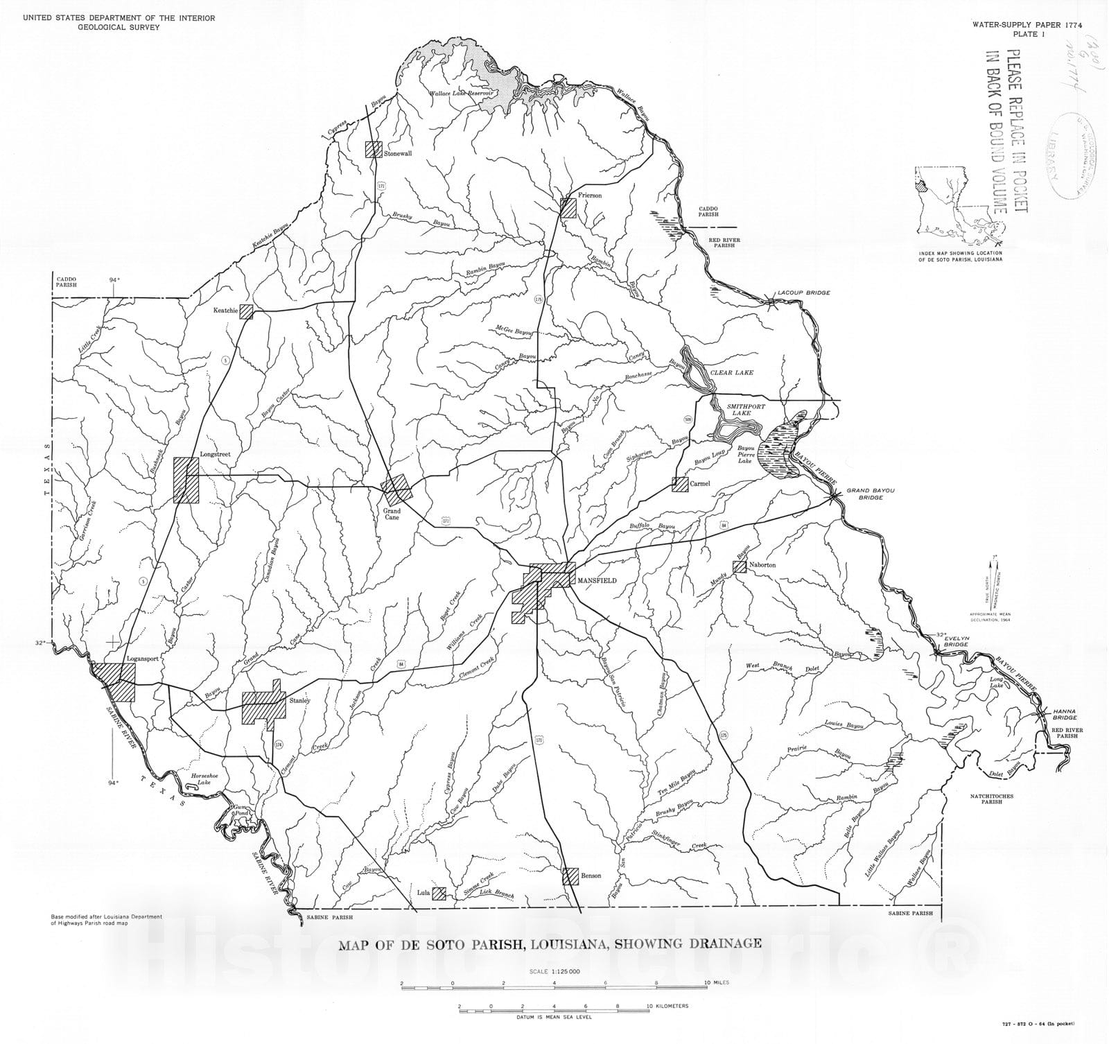 Map : Water resources of the De Soto Parish, Louisiana, 1964 Cartography Wall Art :