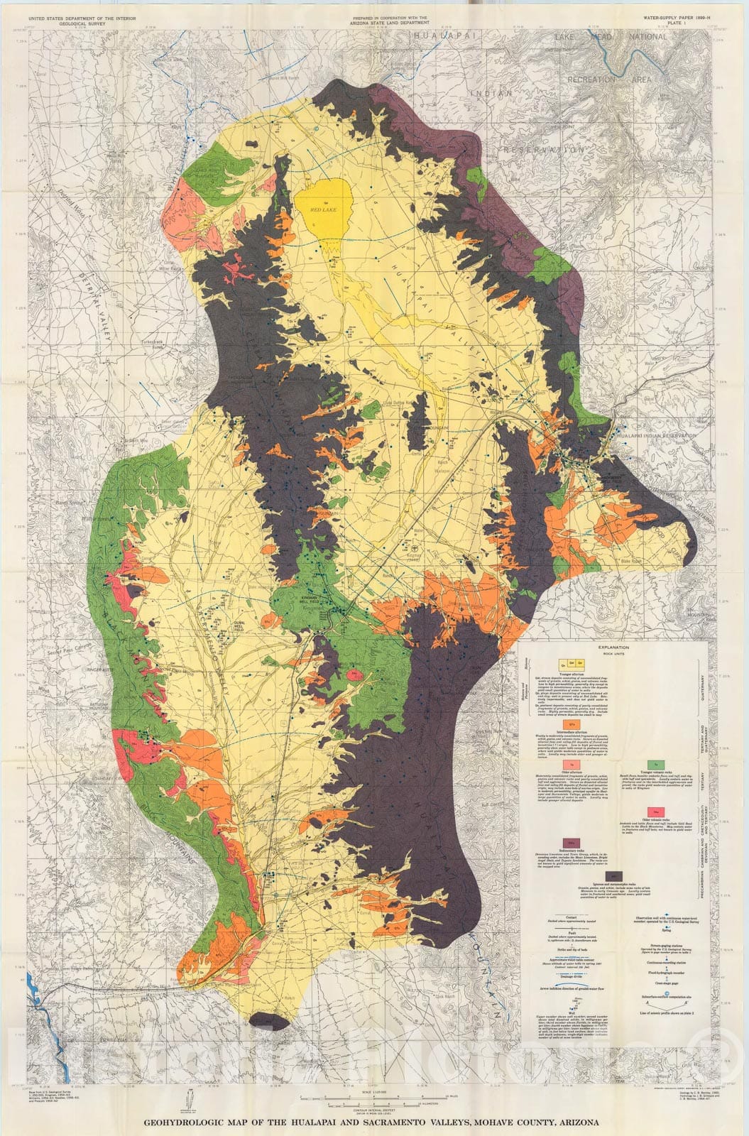 Map : Geohydrology of Hualapai and Sacramento Valleys, Mohave County, Arizona, 1971 Cartography Wall Art :