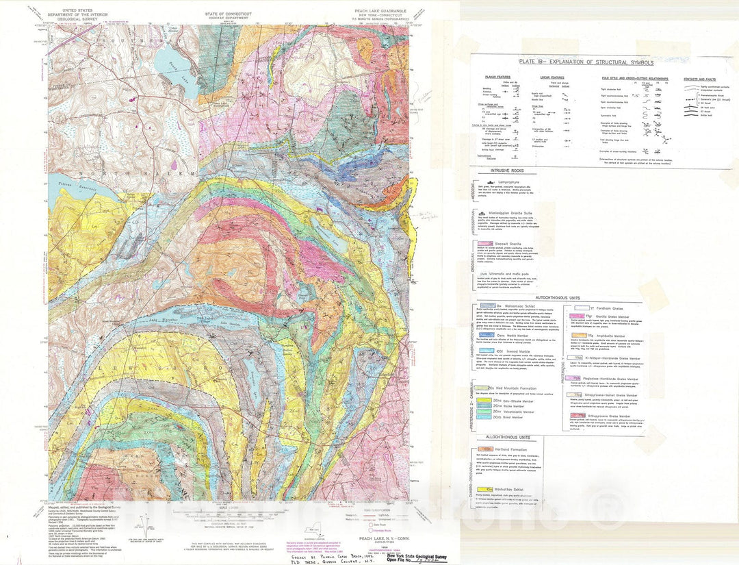 Map : Geologic map of the Peach Lake and southernmost portion of the Brewster 7-minute quadrangles, New York and Connecticut, 1992 Cartography Wall Art :