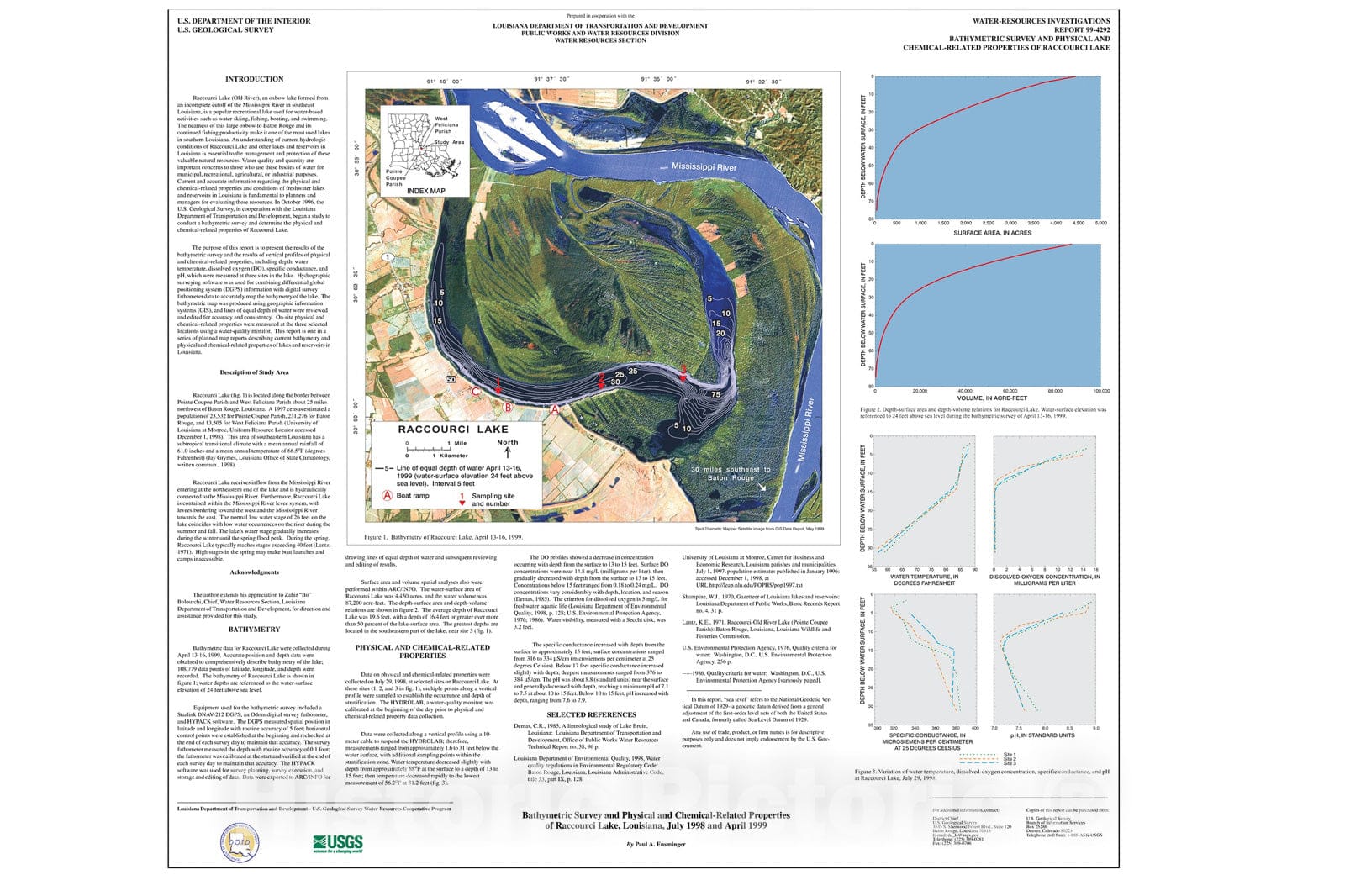 Map : Bathymetric survey and physical and chemical-related properties of Raccourci Lake, Louisiana, July 1998 and April 1999, 2000 Cartography Wall Art :