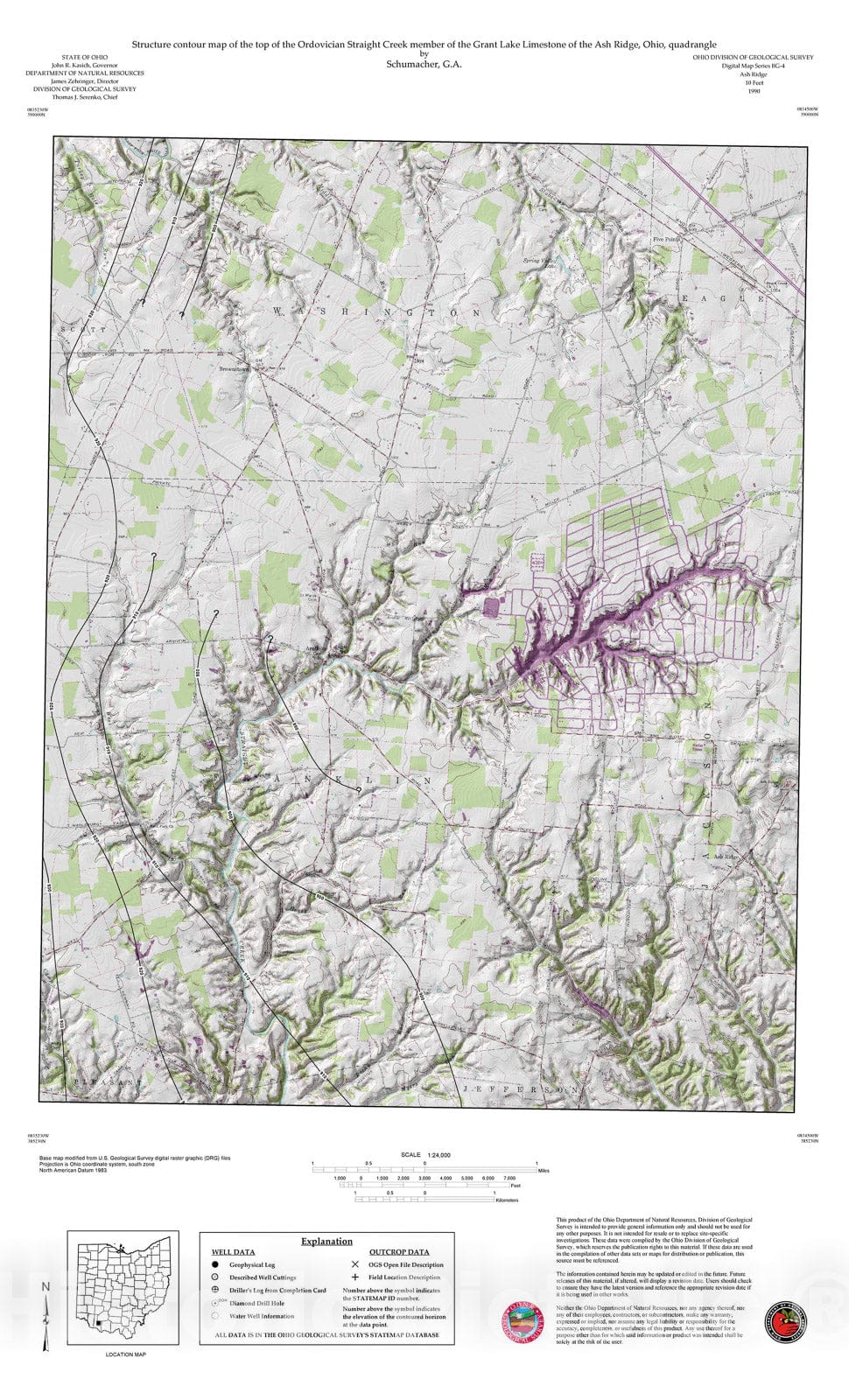 Map : Structure contour map of the tops of the Straight Creek Member of the Grant Lake Limestone and the Arnheim Formation of the Ash Ridge, Ohio, quadrangle, 1990 Cartography Wall Art :