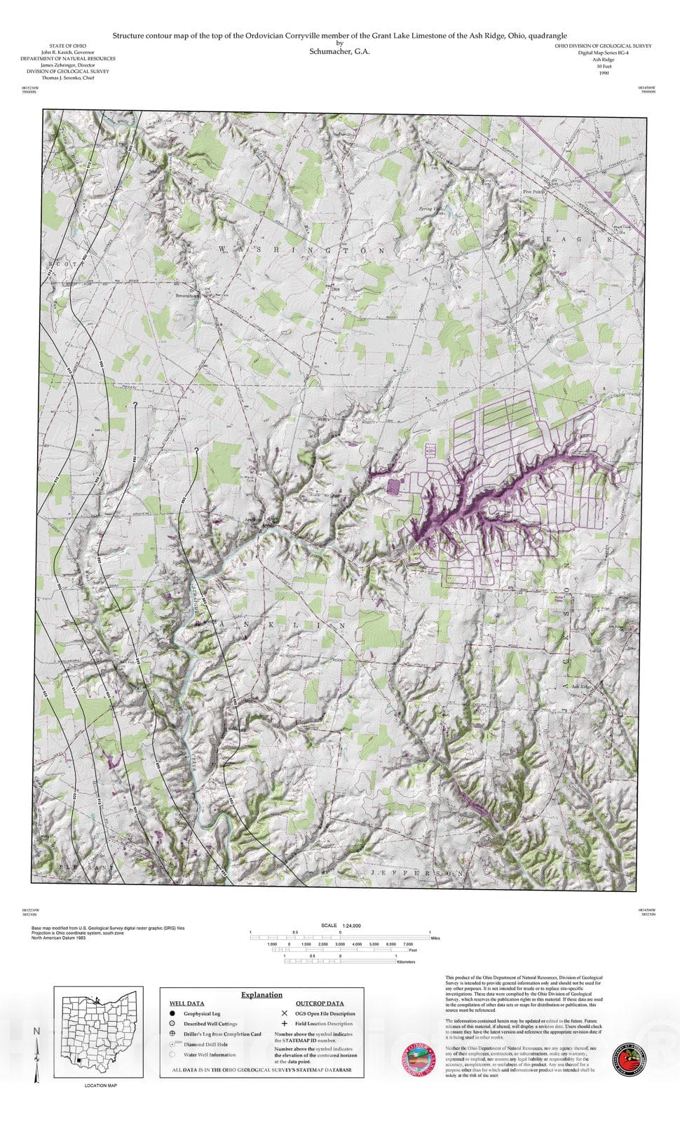 Map : Structure contour map of the tops of the Bellevue and Corryville Members of the Grant Lake Limestone of the Ash Ridge, Ohio, quadrangle, 1990 Cartography Wall Art :