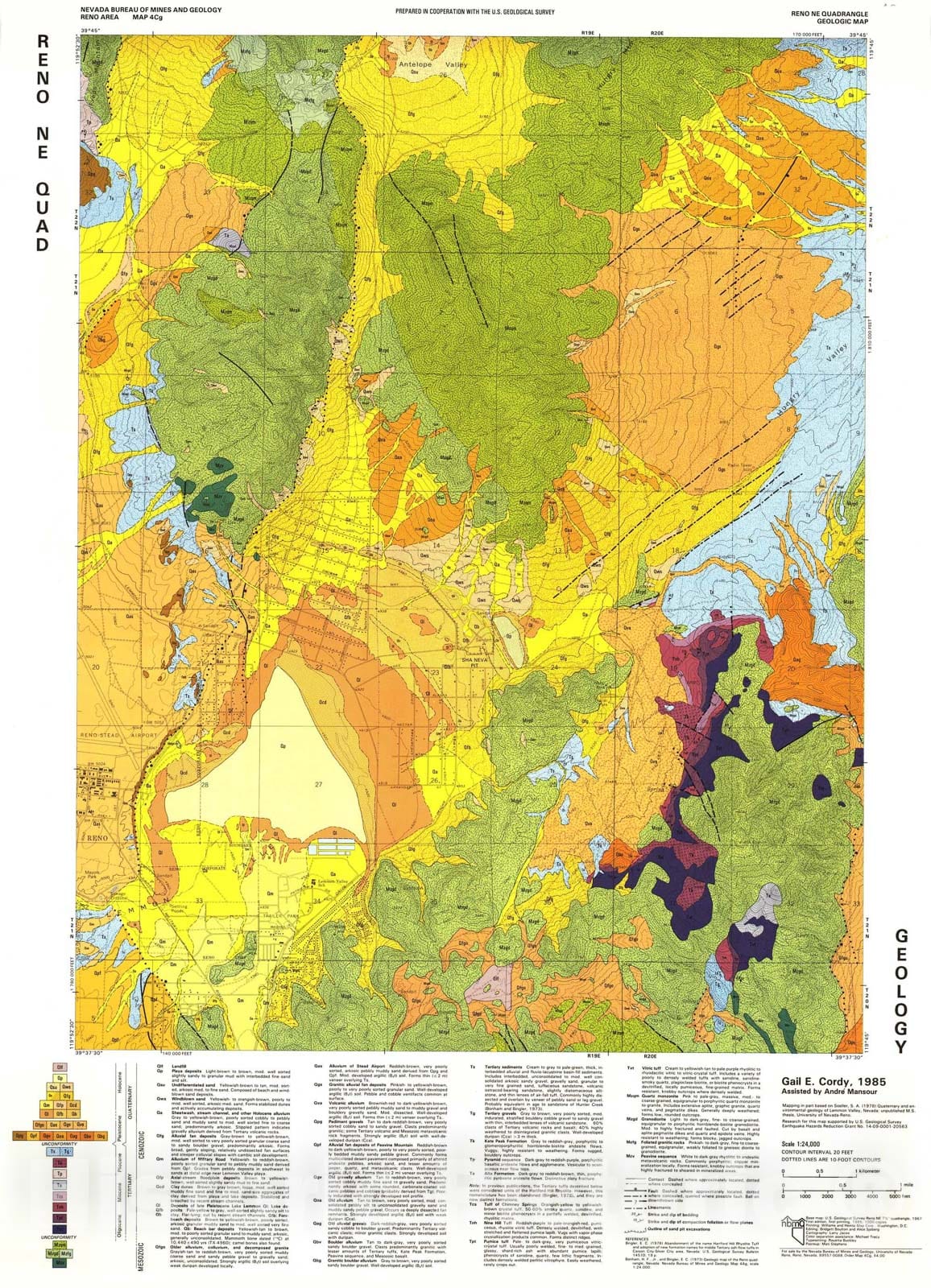 Map : Reno NE Quadrangle, Geologic Map, 1985 Cartography Wall Art :