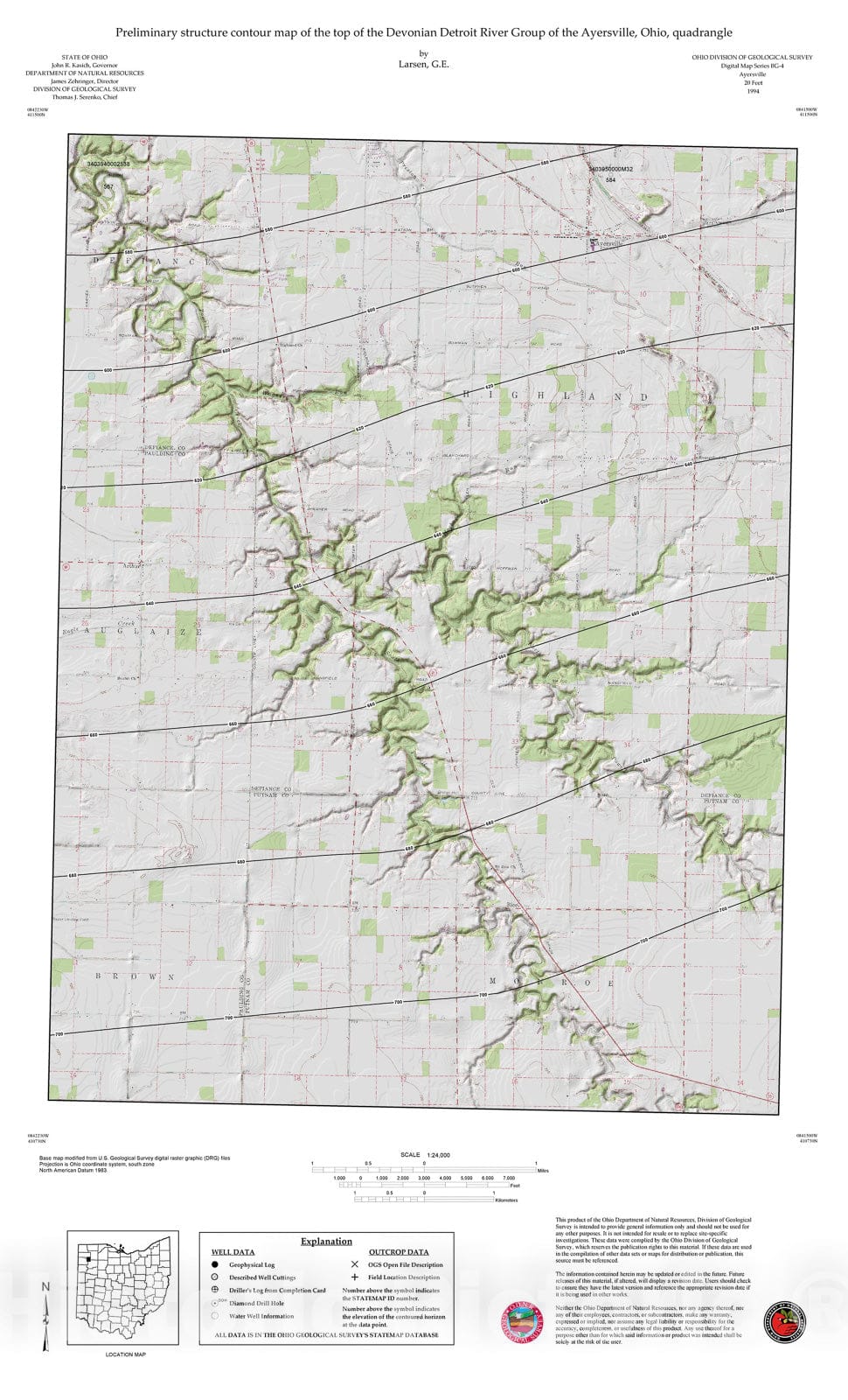 Map : Preliminary structure contour map of the top of the Devonian Detroit River Group of the Ayersville, Ohio, quadrangle, 1994 Cartography Wall Art :