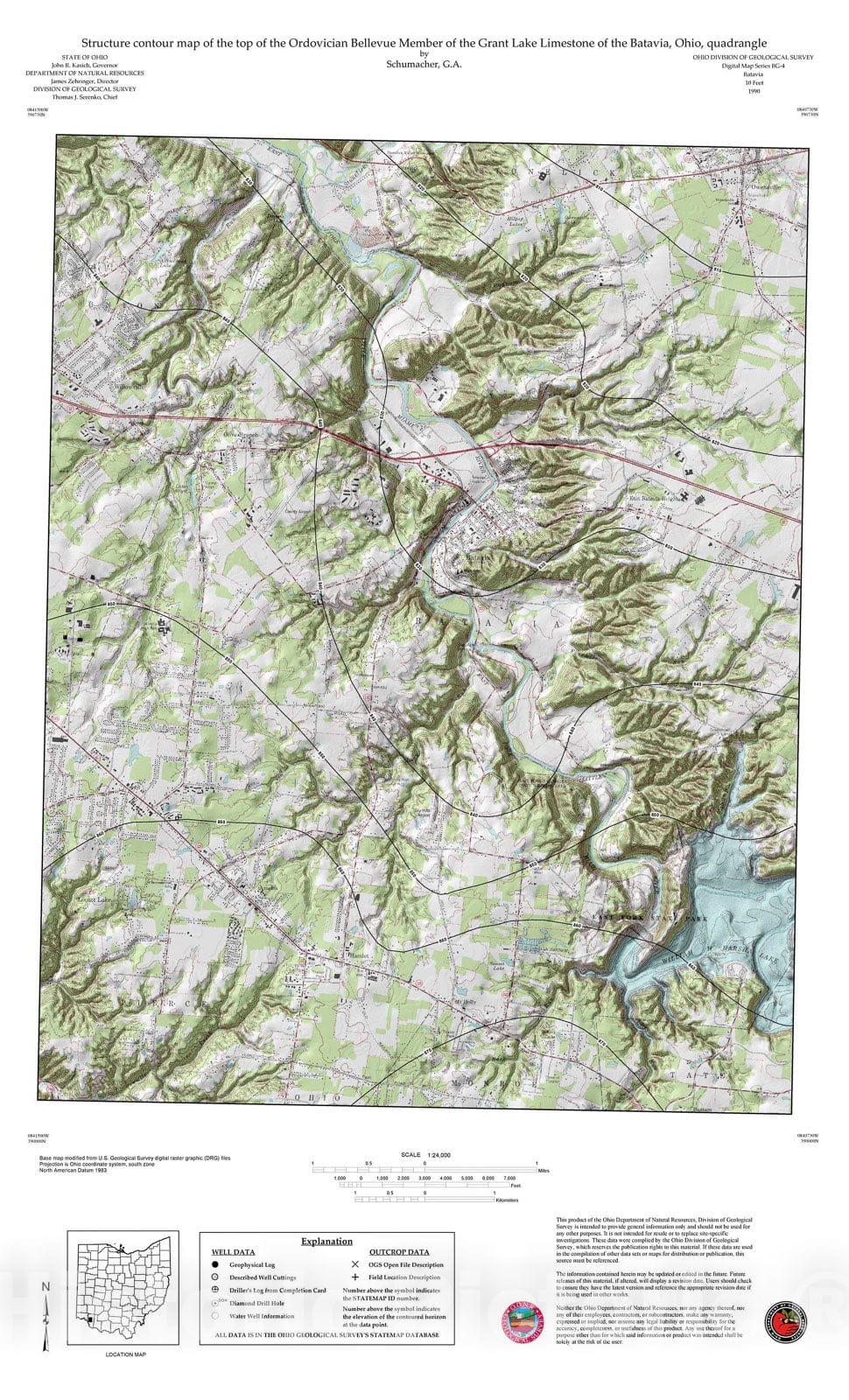 Map : Structure contour map of the top of the Ordovician Bellevue Member of the Grant Lake Limestone of the Batavia, Ohio, quadrangle, 1990 Cartography Wall Art :