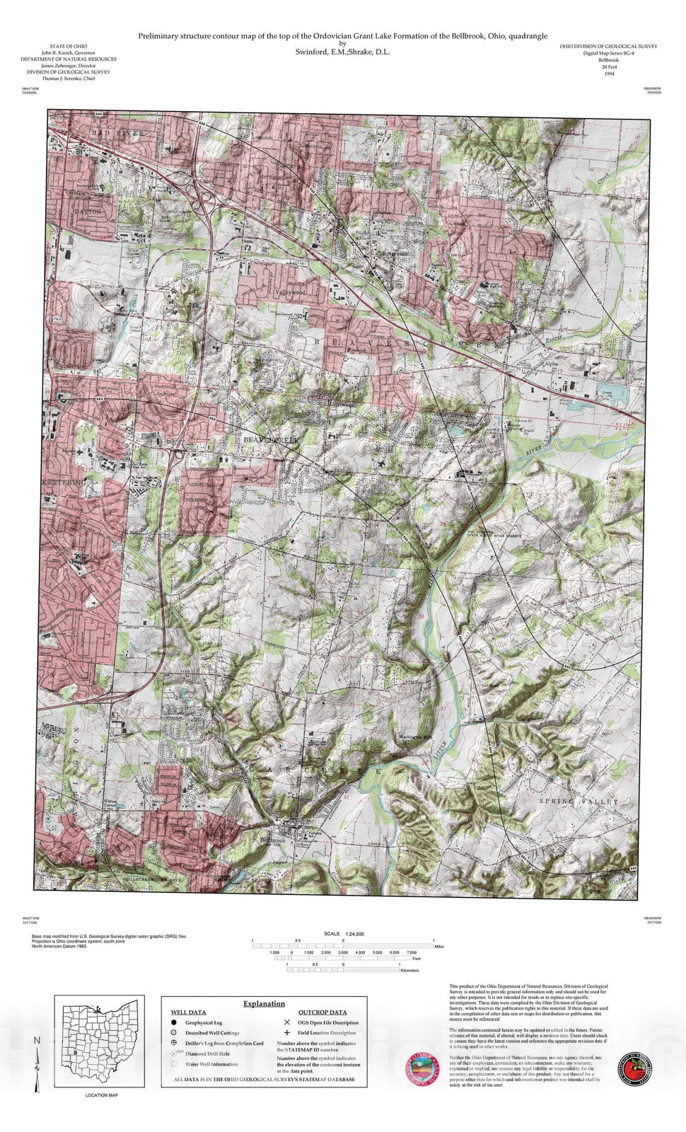 Map : Preliminary structure contour map of the top of the Ordovician Grant Lake Formation of the Bellbrook, Ohio, quadrangle, 1994 Cartography Wall Art :