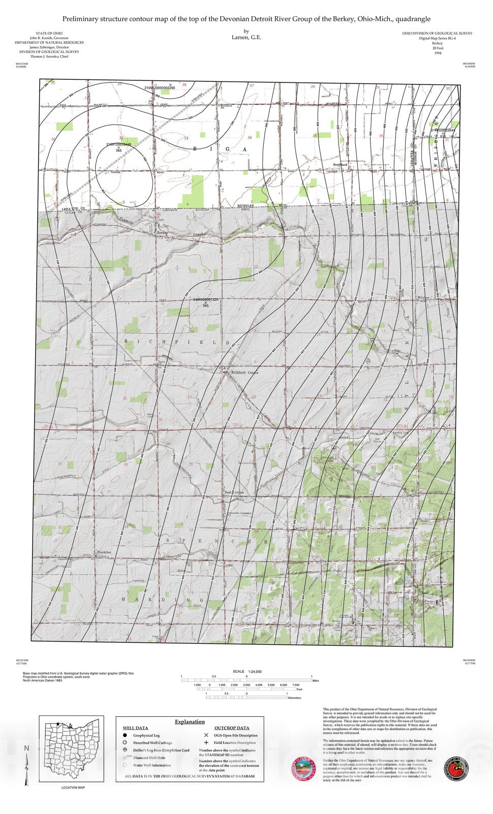 Map : Preliminary structure contour map of the top of the Devonian Detroit River Group of the Berkey, Ohio-Mich., quadrangle, 1994 Cartography Wall Art :