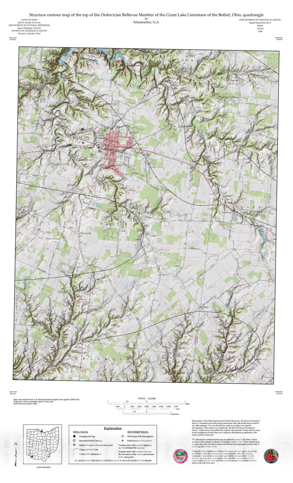 Map : Structure contour map of the top of the Ordovician Bellevue Member of the Grant Lake Limestone of the Bethel, Ohio, quadrangle, 1990 Cartography Wall Art :