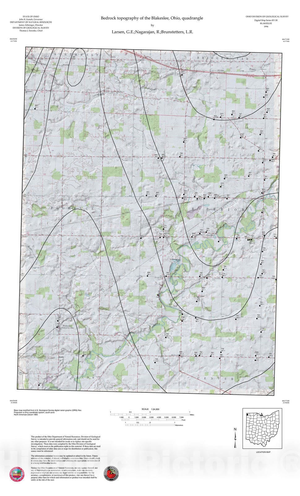 Map : Bedrock topography of the Blakeslee, Ohio, quadrangle, 1994 Cartography Wall Art :