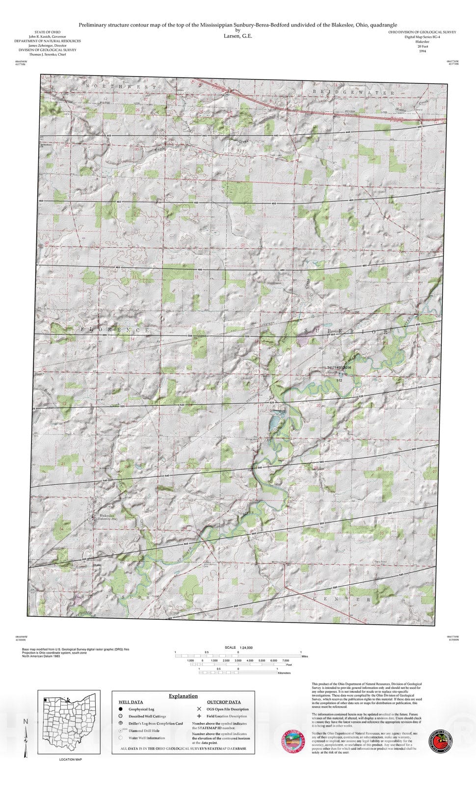 Map : Preliminary structure contour map of the top of the Mississippian Sunbury-Berea-Bedford undivided of the Blakeslee, Ohio, quadrangle, 1994 Cartography Wall Art :