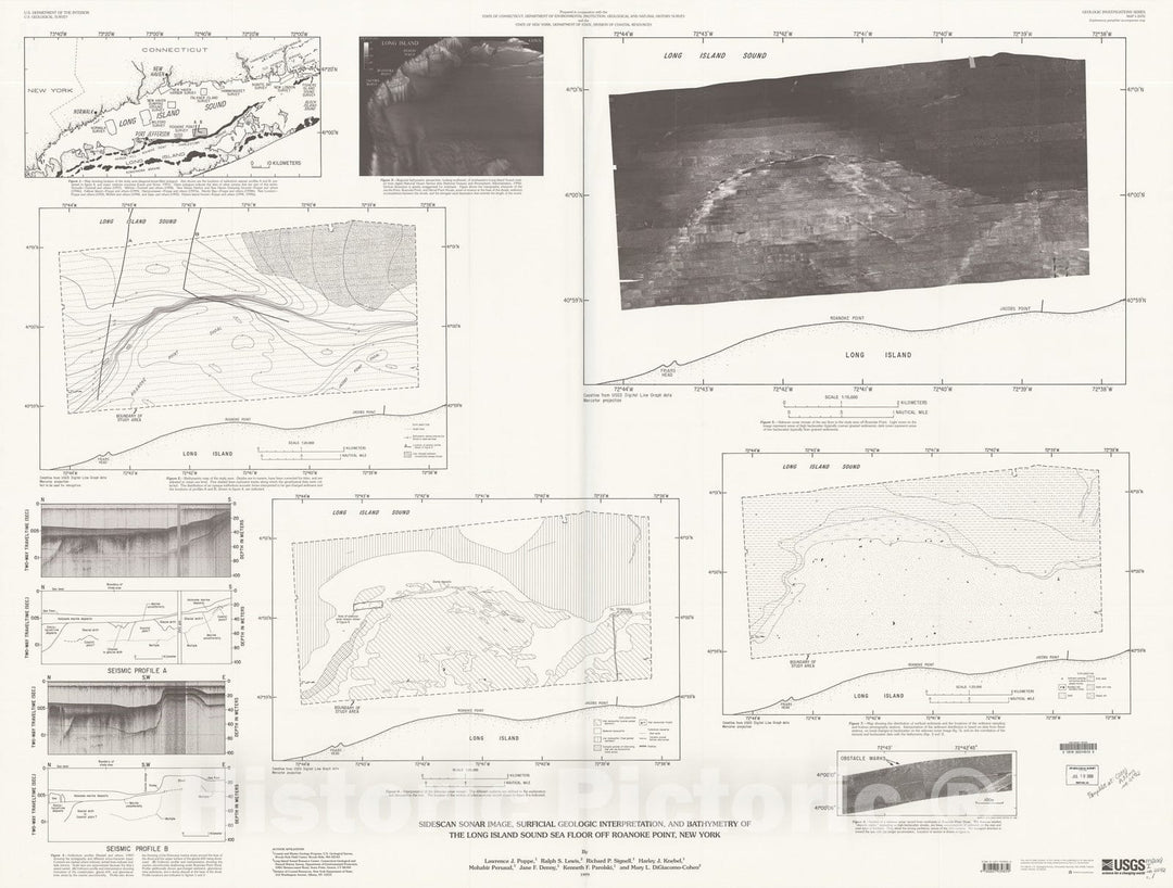 Map : Sidescan sonar image, surficial geologic interpretation, and bathymetry of the Long Island sea floor off Roanoke Point, New York, 2000 Cartography Wall Art :