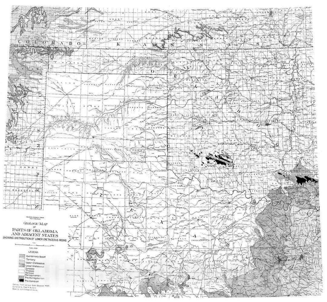 Map : Plate 1. Geologic map of parts of Oklahoma and adjacent states showing distribution of lower Cretaceous rocks, 1928 Cartography Wall Art :