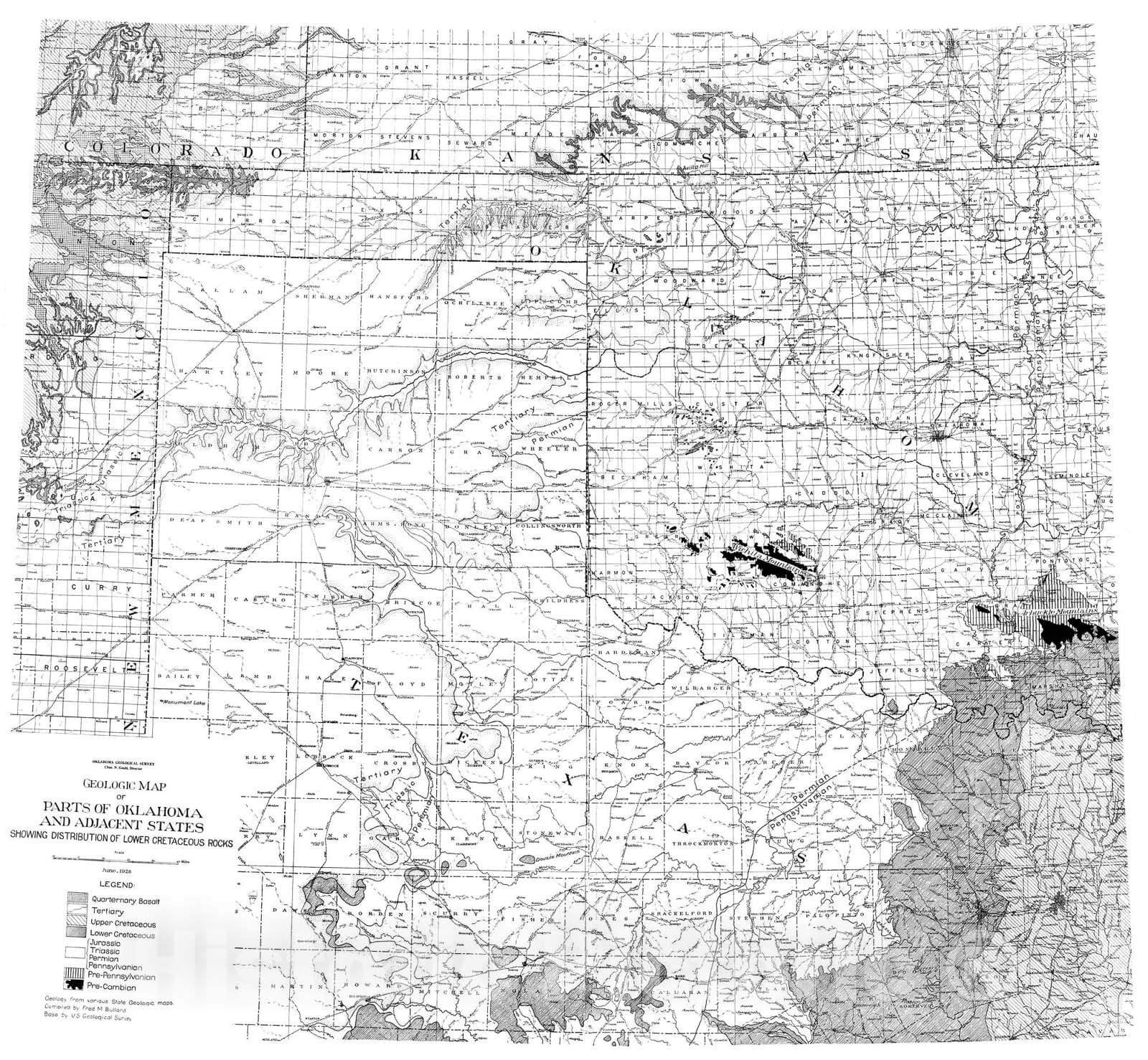 Map : Plate 1. Geologic map of parts of Oklahoma and adjacent states showing distribution of lower Cretaceous rocks, 1928 Cartography Wall Art :