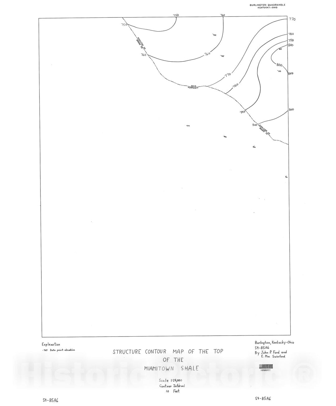 Map : Preliminary structure contour map of the top of the Ordovician Miamitown Shale of the Burlington, Ky.-Ohio, quadrangle (Ohio portion), 1996 Cartography Wall Art :