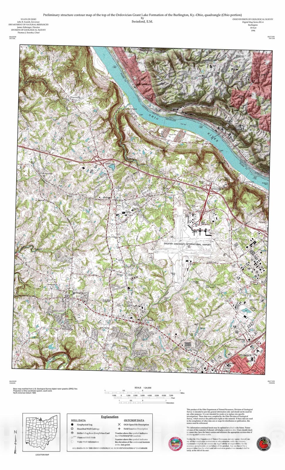 Map : Preliminary structure contour map of the top of the Ordovician Grant Lake Formation of the Burlington, Ky.-Ohio, quadrangle (Ohio portion), 1996 Cartography Wall Art :