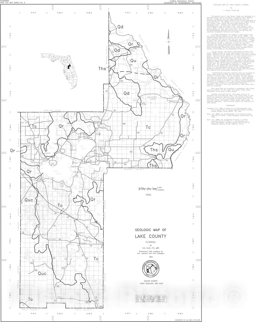 Map : Geologic map of Lake County, Florida, 1992 Cartography Wall Art :