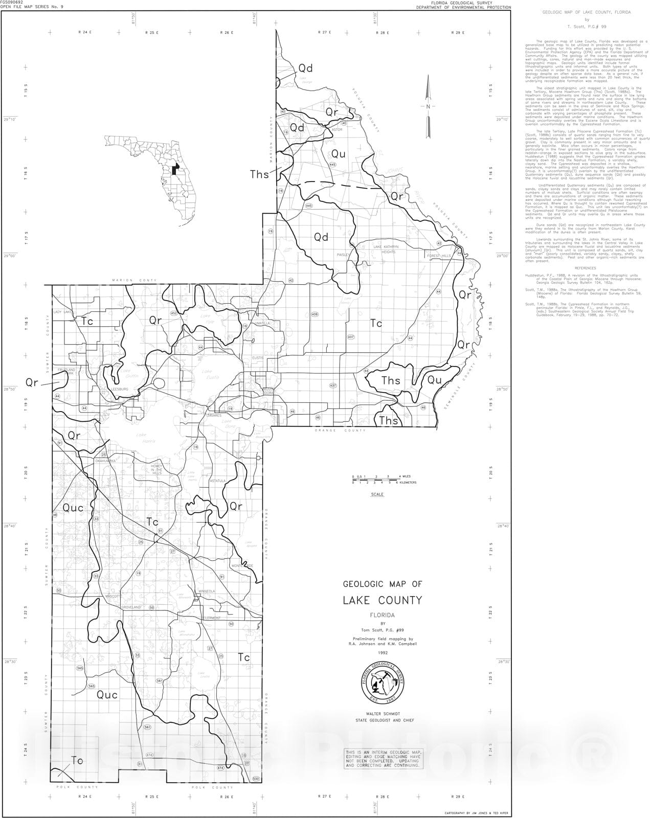 Map : Geologic map of Lake County, Florida, 1992 Cartography Wall Art :