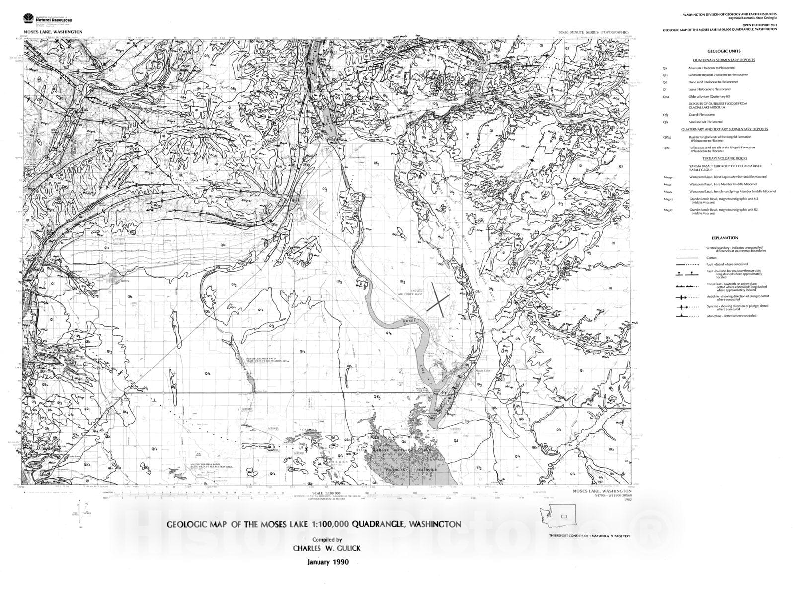 Map : Geologic map of the Moses Lake 1:100,000 quadrangle, Washington, 1990 Cartography Wall Art :