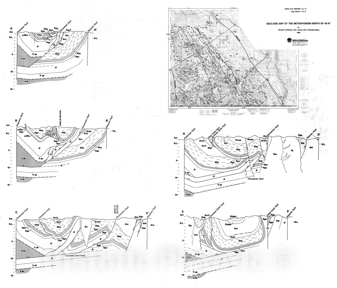 Map : Bedrock geologic map, biostratigraphy, and structure sections of the Methow basin, Washington and British Columbia, 1990 Cartography Wall Art :