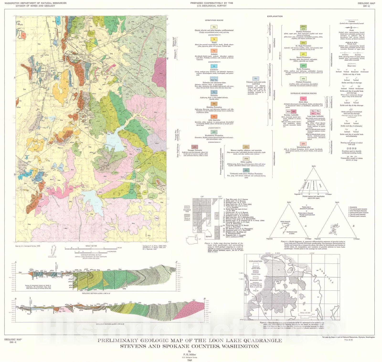 Map : Preliminary geologic map of the Loon Lake quadrangle, Stevens and Spokane Counties, Washington, 1969 Cartography Wall Art :