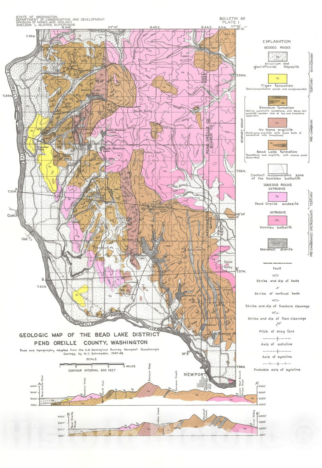 Map : Geology of the Bead Lake district, Pend Oreille County, Washington, 1952 Cartography Wall Art :