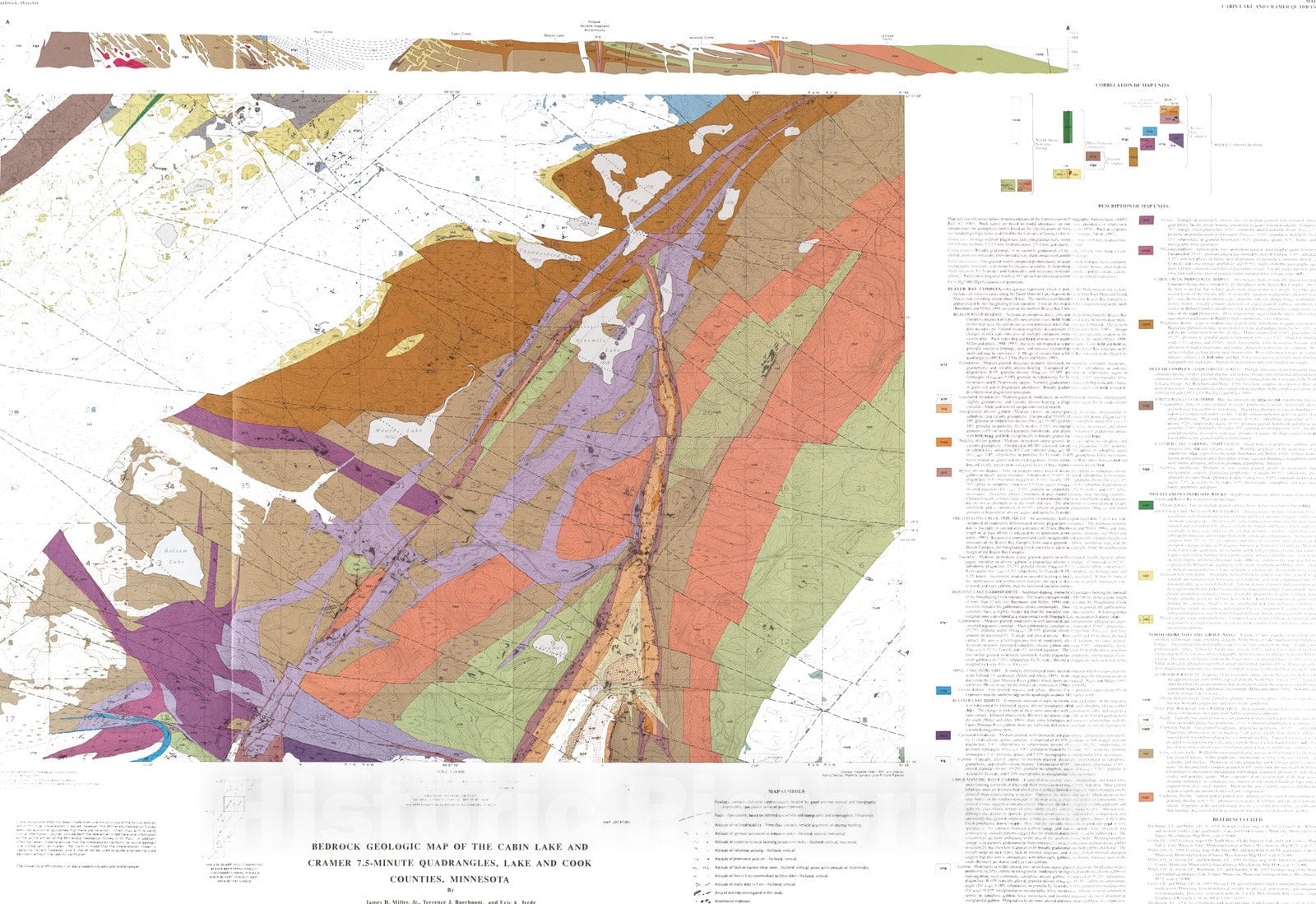 Map : Bedrock geologic map of the Cabin Lake and Cramer quadrangles, Lake and Cook Counties, Minnesota, 1994 Cartography Wall Art :