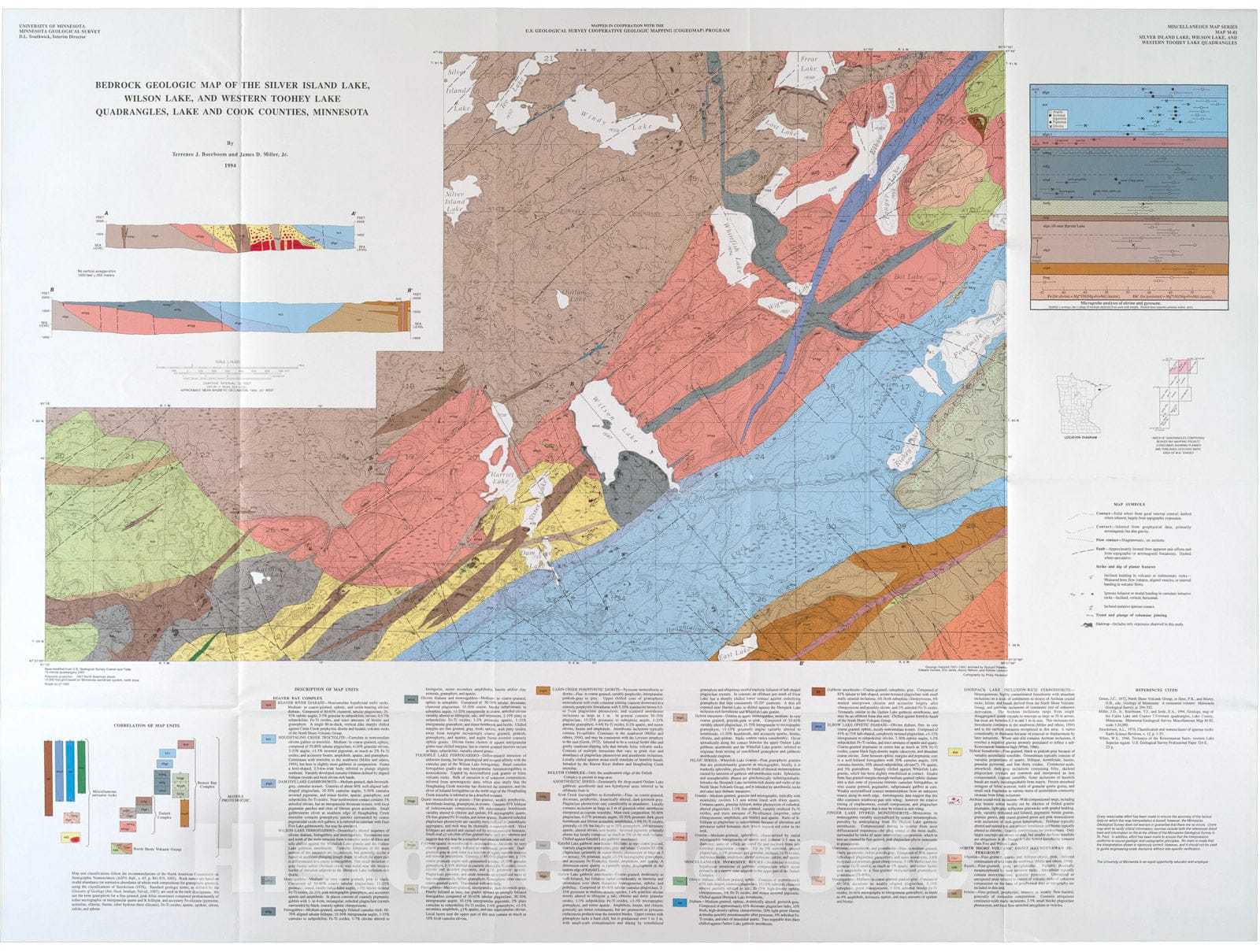 Map : Bedrock geologic map of the Silver Island Lake, Wilson Lake, and western Toohey Lake quadrangles, Lake and Cook Counties, Minnesota, 1994 Cartography Wall Art :