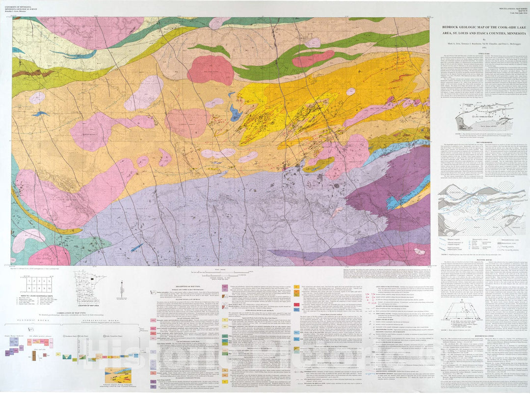 Map : Bedrock geologic map of the Cook to Side Lake area, St. Louis and Itasca Counties, Minnesota, 1991 Cartography Wall Art :