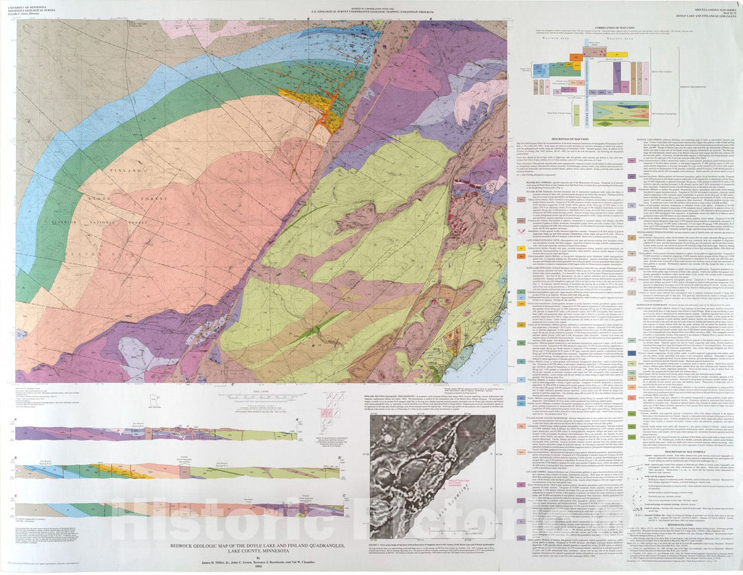 Map : Geologic map of the Doyle Lake and Finland quadrangles, Lake County, Minnesota, 1993 Cartography Wall Art :